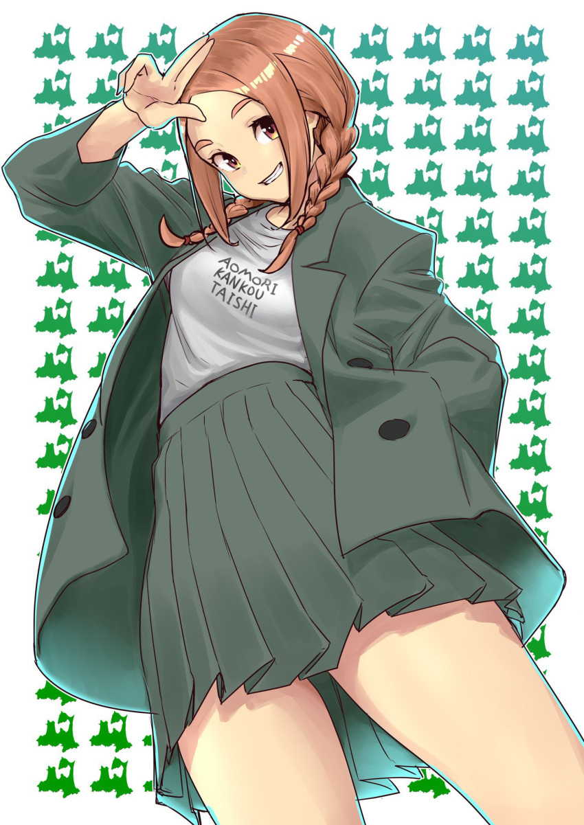 1girl bangs braid breasts brown_eyes brown_hair cowboy_shot flying_witch from_below green_background green_jacket green_skirt hand_on_own_head highres ishiwatari_nao ishizuka_chihiro jacket looking_at_viewer medium_breasts medium_hair official_art parted_bangs pleated_skirt salute shirt shirt_tucked_in skirt smile teeth thighs twin_braids white_background white_shirt