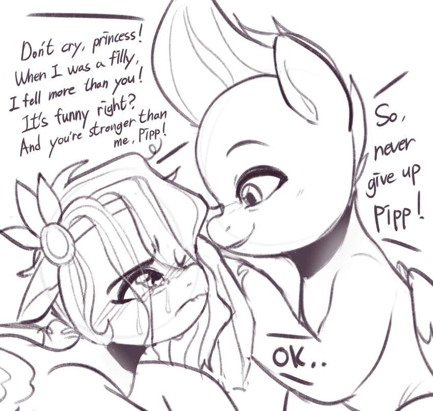 bodily_fluids comforting dialogue english_text equid equine hair hasbro hi_res line_art mammal marenlicious messy_hair mlp_g5 monochrome my_little_pony pegasus pipp_petals_(mlp) sibling sister sisters tears text upset wings zipp_storm_(mlp)