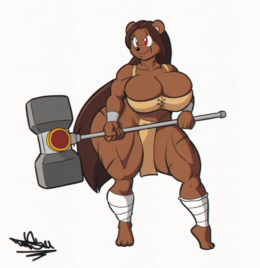 2022 anthro bottomwear breasts cleavage clothed clothing female hammer hi_res holding_hammer holding_melee_weapon holding_object holding_tool loincloth mammal scar simple_background smile solo tansau thick_thighs tools ursid white_background