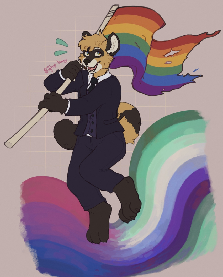 anthro bigtop-bvnny bisexual_pride_colors black_bottomwear black_clothing black_pants black_suit bottomwear button_(fastener) clothing facial_markings fangs flag head_markings hi_res holding_flag holding_object lgbt_pride looking_at_viewer male markings mask_(marking) necktie open_mouth pants pride_colors rainbow_flag rainbow_pride_flag rainbow_symbol signature solo suit vincian_pride_colors