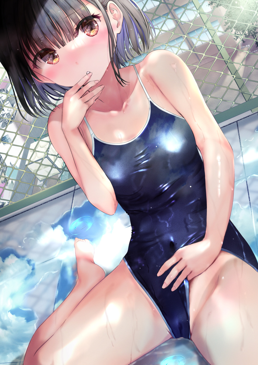 1girl absurdres black_hair blue_swimsuit blush brown_eyes chain-link_fence clothes_pull commentary_request competition_school_swimsuit dutch_angle embarrassed fence highres nose_blush ogata_tei one-piece_tan original school_swimsuit short_hair sitting solo swimsuit swimsuit_pull tan tanlines wariza wet wet_clothes wet_swimsuit