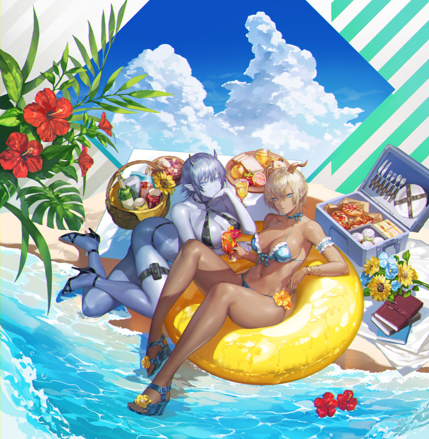 2girls afloat armband bare_shoulders beach bikini black_bikini black_footwear black_horns blue_armband blue_bikini blue_bow blue_choker blue_eyes blue_flower blue_nails blue_skin blue_sky book book_stack bottle bow bow_choker bracelet bread bread_slice brown_hair brown_horns choker chromatic_aberration closed_mouth cloud cloudy_sky collarbone colored_skin cumulonimbus_cloud dark-skinned_female dark_skin earrings flower food fork frilled_armband frills fruit grapes green_ribbon hair_between_eyes hair_ears head_rest high_heels highres horns hot_dog innertube jewelry knife light_blue_hair light_brown_hair looking_at_viewer multiple_girls nail_polish navel ocean ohayosayonara original outdoors plant plate red_flower ribbon sand sandwich scar scar_on_cheek scar_on_face short_hair sky spoon strawberry sunflower swimsuit thigh_pouch thigh_strap toenail_polish toenails yellow_flower