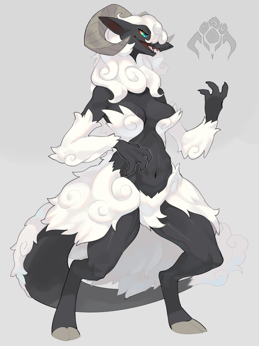 absurd_res anthro black_body bovid breasts caprine domestic_sheep female fur hi_res horn kame_3 kemono mammal nude sheep simple_background smile solo white_body white_fur
