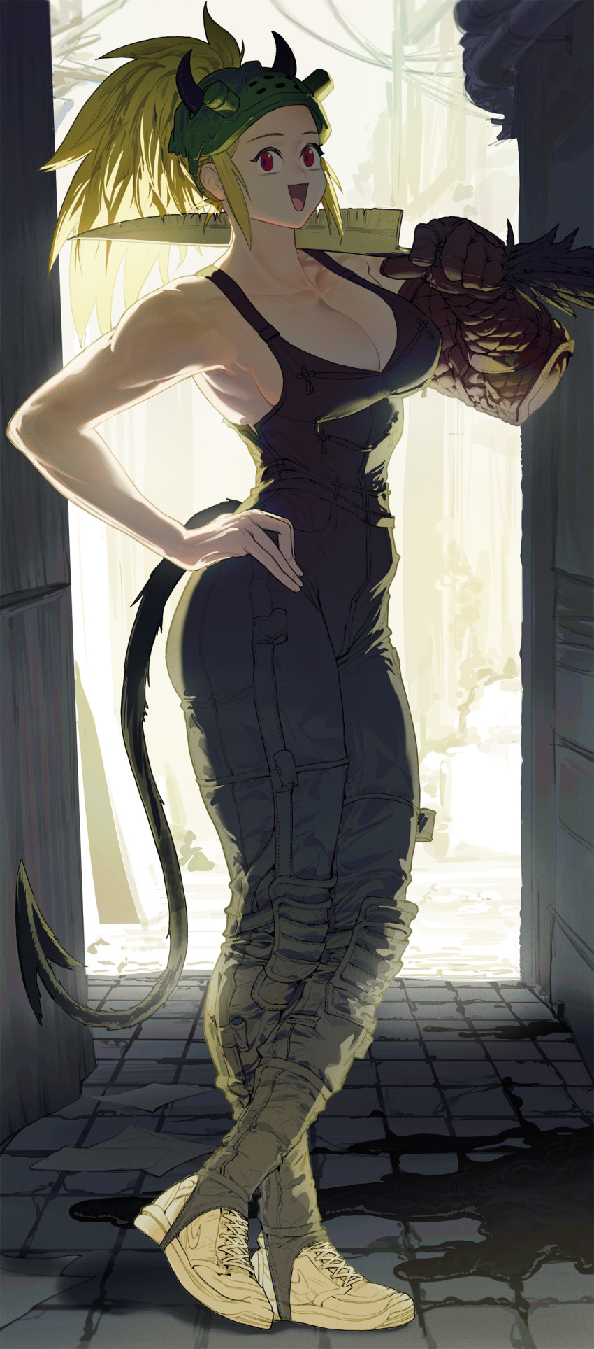 1girl absurdres bare_arms bare_shoulders black_jumpsuit blonde_hair blood breasts building carrying_over_shoulder chipped_sword cleavage cross-laced_footwear crossed_legs day demon_girl demon_horns demon_tail doorway dorohedoro elbow_gloves empty_eyes full_body ghdwid gloves hand_on_hip hand_up high_ponytail highres holding holding_knife holding_weapon horns jumpsuit kitchen_knife knee_guards knife korean_commentary large_breasts long_hair mask mask_on_head nikaidou_(dorohedoro) open_mouth oven_mitts ponytail red_eyes shoes sidelocks skin_tight sleeveless smile sneakers solo standing tail tile_floor tiles weapon white_footwear