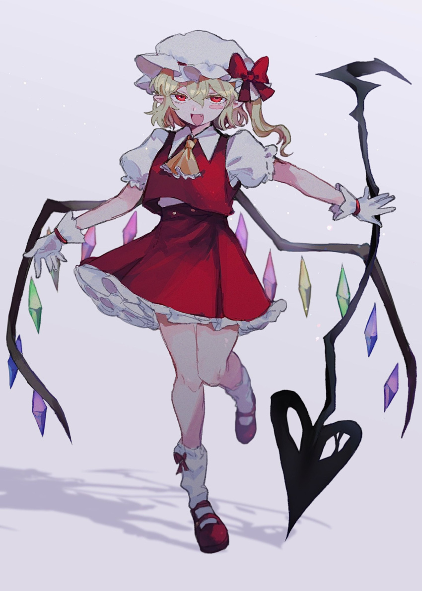 1girl ascot blonde_hair bow bow_legwear collared_shirt commentary_request crystal flandre_scarlet frilled_skirt frilled_sleeves frills gloves hat highres holding laevatein_(touhou) mary_janes medium_hair mob_cap plumapple3 puffy_short_sleeves puffy_sleeves red_bow red_eyes red_footwear red_skirt red_vest shirt shoes short_sleeves side_ponytail skirt skirt_set socks solo touhou vest white_gloves white_headwear white_shirt white_socks wings yellow_ascot