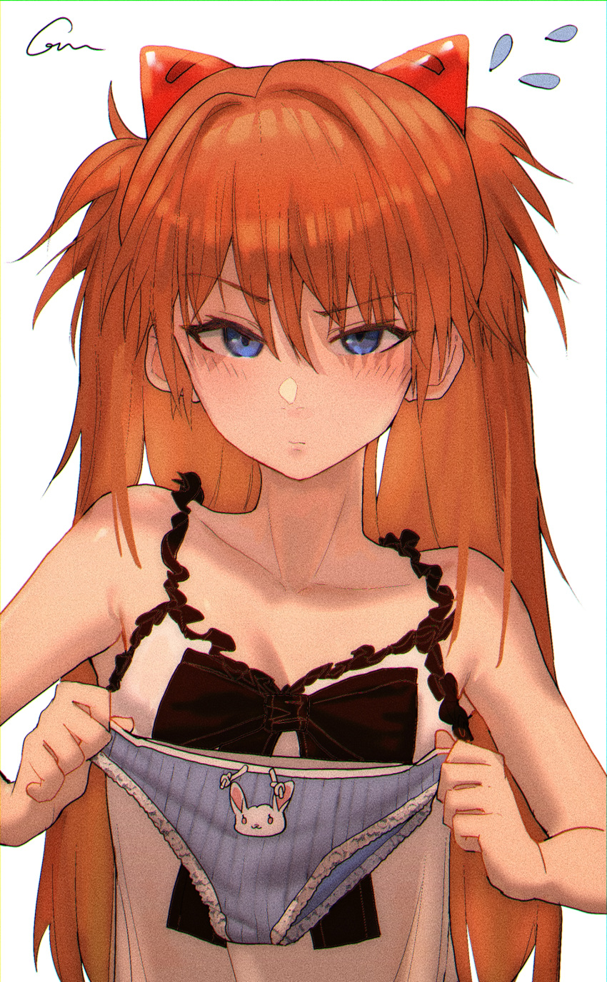 1girl :3 absurdres animal_print blue_eyes breasts bunny_print cleavage grscubes highres holding holding_clothes holding_panties holding_underwear lips long_hair looking_at_viewer neon_genesis_evangelion orange_hair panties presenting_panties rebuild_of_evangelion shaded_face shiny shiny_hair shiny_skin small_breasts solo souryuu_asuka_langley standing two_side_up underwear upper_body white_background