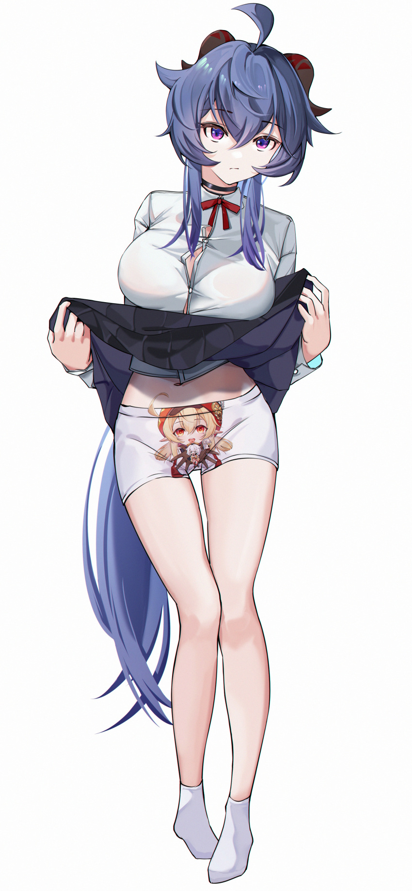 1girl absurdres ahoge bangs black_skirt blue_hair bow bowtie boyshort_panties breasts button_gap cameo character_print choker closed_mouth clothes_lift collared_shirt contemporary dress_shirt full_body ganyu_(genshin_impact) genshin_impact groin hair_between_eyes highres horns klee_(genshin_impact) large_breasts lifted_by_self long_hair long_sleeves looking_at_viewer miniskirt no_shoes paimon_(genshin_impact) panties pleated_skirt print_panties purple_eyes red_bow red_bowtie shirt sidelocks simple_background skirt skirt_lift socks solo standing stomach suyujiu_u thigh_gap two-sided_fabric underwear very_long_hair white_background white_panties white_shirt white_socks