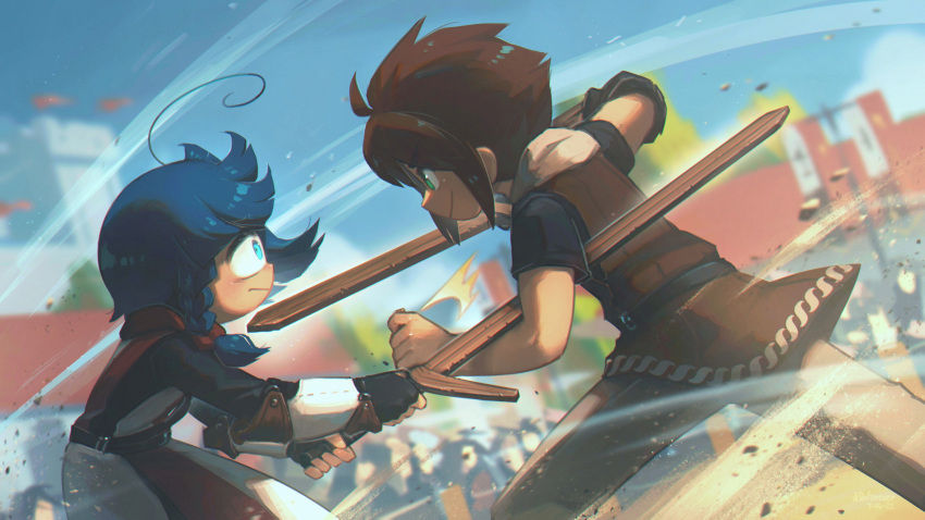 1boy 1girl absurdres ahoge banner blue_eyes blue_hair braid brown_hair crowd cyclops english_commentary fantasy fingerless_gloves gloves green_eyes highres holding holding_sword holding_weapon looking_at_another one-eyed original porforever prosthesis prosthetic_arm relica_(porforever) short_sleeves sparring sword weapon wooden_sword