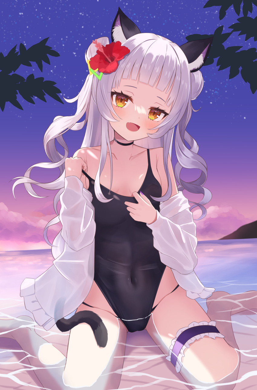 1girl :d absurdres animal_ear_fluff animal_ears bangs bare_shoulders blue_swimsuit blunt_bangs breasts bridal_garter cameltoe cat_ears commentary covered_navel evening fang flower hair_flower hair_ornament head_tilt hibiscus highres hololive in_water light_purple_hair long_hair looking_at_viewer murasaki_shion ocean one-piece_swimsuit open_clothes open_mouth open_shirt saki_(saki_paint) see-through see-through_shirt shirt sitting sky small_breasts smile solo star_(sky) starry_sky strap_slip sunset swimsuit virtual_youtuber wariza wavy_hair white_shirt yellow_eyes
