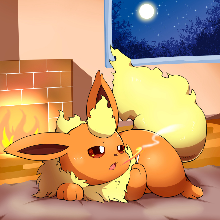 1:1 2022 ambiguous_gender brown_inner_ear cigarette detailed_background digital_media_(artwork) eeveelution feral fire fireplace flareon fluffy fluffy_tail fur half-closed_eyes head_tuft hi_res inside lying moon multicolored_body multicolored_fur narrowed_eyes neck_tuft night nintendo on_front open_mouth orange_body orange_fur pok&eacute;mon pok&eacute;mon_(species) quadruped red_eyes star tatu_wani_(artist) tuft two_tone_body two_tone_fur video_games window yellow_body yellow_fur