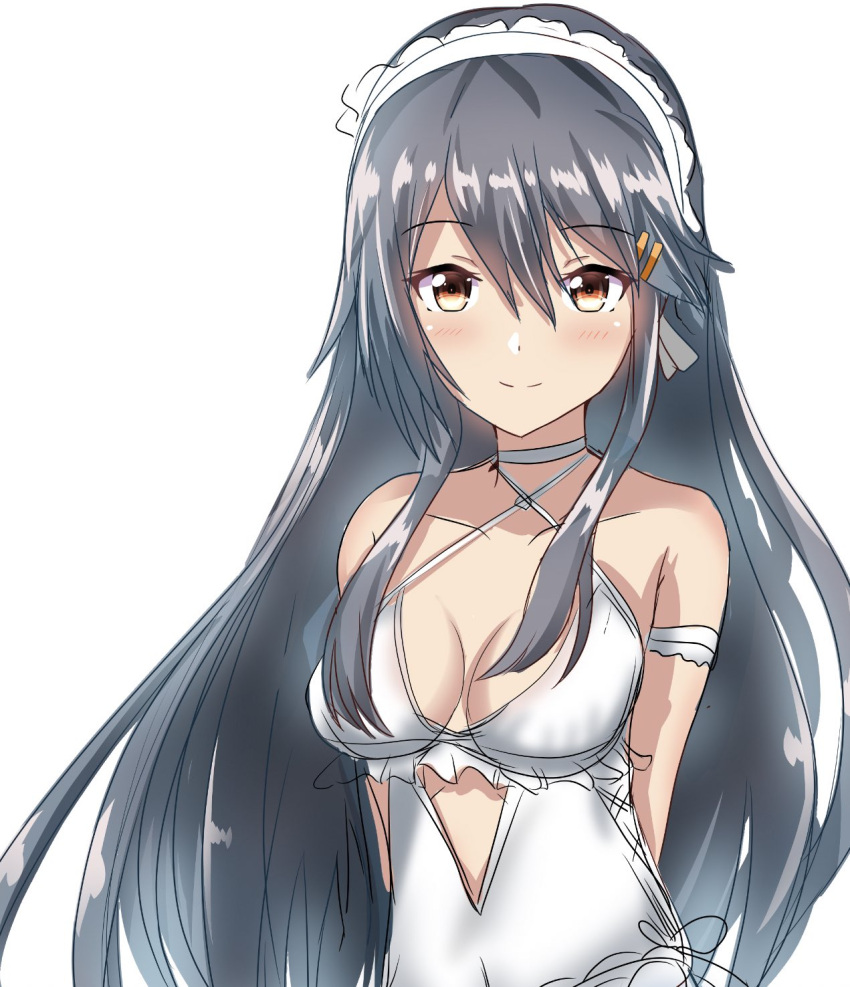 1girl arms_behind_back black_hair breasts casual_one-piece_swimsuit choker collarbone cosplay frilled_swimsuit frills grey_hair hair_between_eyes hair_ornament hairband hairclip haruna_(kancolle) highres kantai_collection long_hair medium_breasts one-piece_swimsuit roko_roko_(doradorazz) sagiri_(kancolle) sagiri_(kancolle)_(cosplay) simple_background smile solo swimsuit upper_body white_background white_choker white_swimsuit