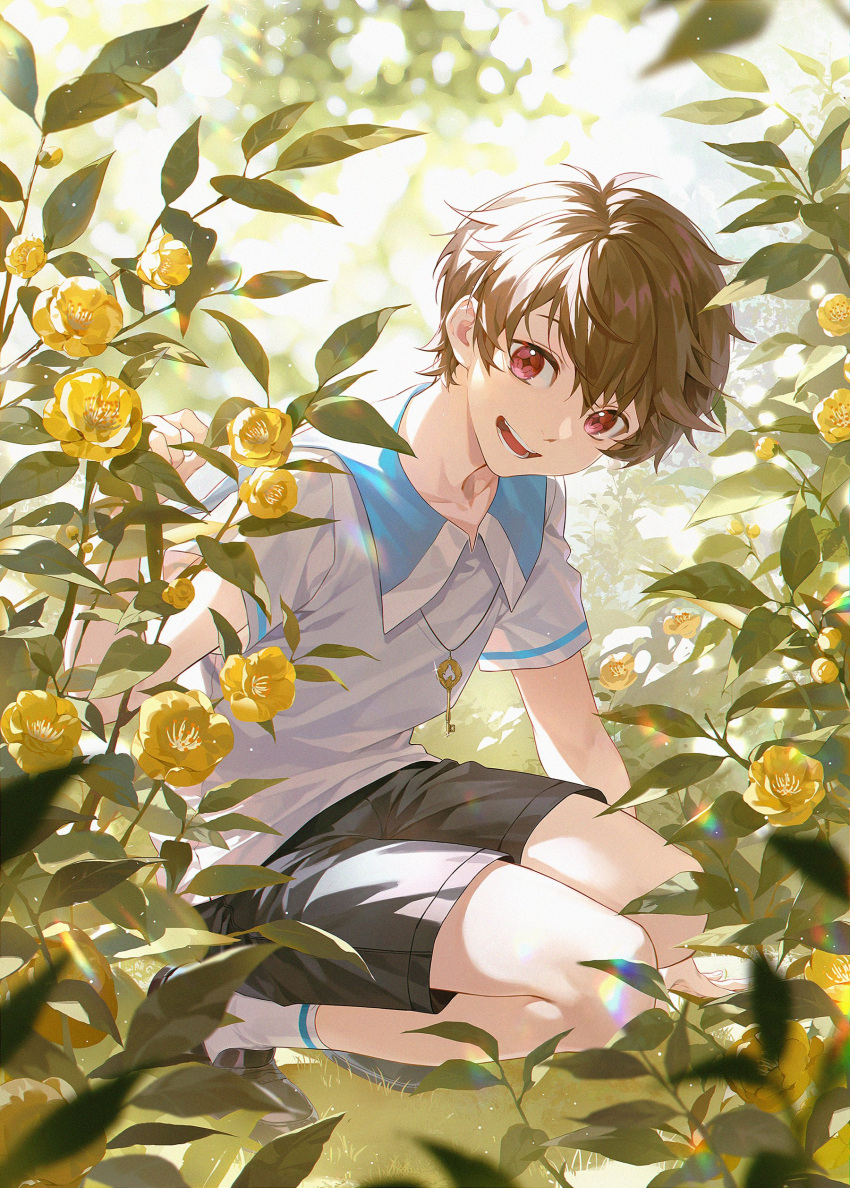 1boy absurdres brown_hair child collared_shirt commentary_request flower highres key looking_at_viewer luke_pearce_(tears_of_themis) male_child male_focus purple_eyes seiza shirt short_hair short_sleeves shorts sitting smile socks solo tears_of_themis xiaojiaju yellow_flower younger