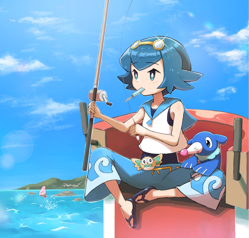 1girl alomomola blue_eyes blue_hair blue_pants blue_sailor_collar bright_pupils cloud commentary_request day eko000ohce fishing fishing_rod flip-flops food freckles glint goggles goggles_on_head highres holding holding_fishing_rod lana_(pokemon) mouth_hold no_sclera one-piece_swimsuit outdoors pants pokemon pokemon_(anime) pokemon_(creature) pokemon_sm_(anime) popplio popsicle rowlet sailor_collar sandals shirt short_hair sitting sky sleeveless sleeveless_shirt swimsuit swimsuit_under_clothes wave_print white_pupils white_shirt