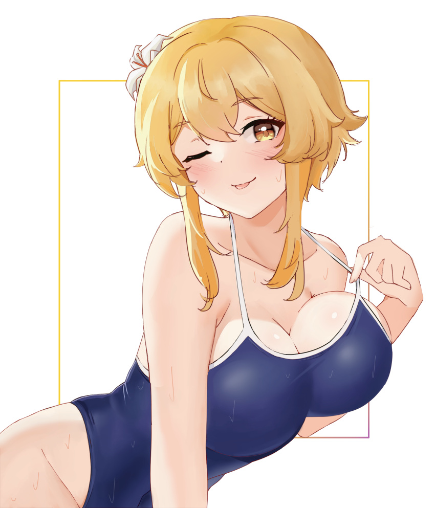 1girl :p adjusting_strap bangs bare_arms blonde_hair blue_swimsuit blush breasts cleavage collarbone eyebrows_hidden_by_hair flower genshin_impact hair_between_eyes hair_flower hair_ornament hibiscus highres large_breasts looking_at_viewer lumine_(genshin_impact) one-piece_swimsuit one_eye_closed orange_eyes out_of_frame rea_loixacra school_swimsuit short_hair smile solo swimsuit tongue tongue_out wet wet_clothes wet_swimsuit white_flower