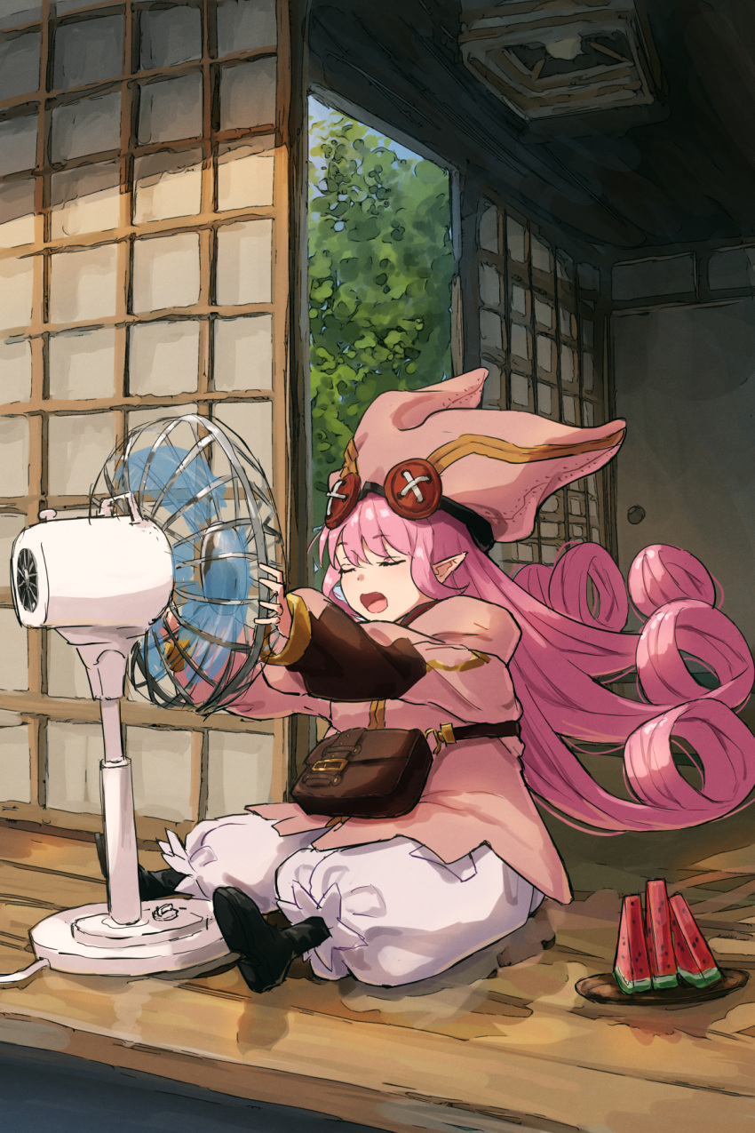 1girl architecture bag baggy_pants ceiling_light closed_eyes east_asian_architecture electric_fan fate/grand_order fate_(series) habetrot_(fate) hat highres ichi_yoshida long_hair open_mouth pants pink_hair pointy_ears satchel sitting watermelon_slice