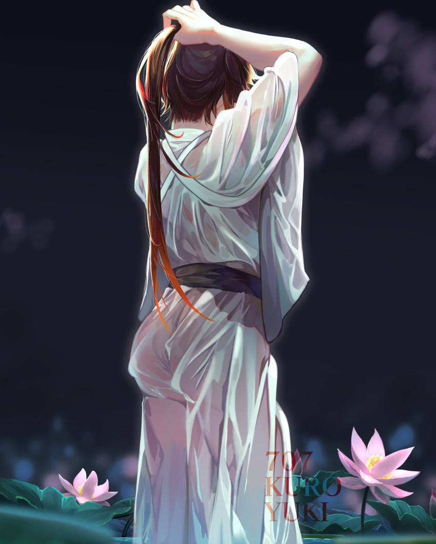 1boy 707kuroyuki absurdres arm_up artist_name ass bangs bathrobe black_background blurry brown_hair colored_tips depth_of_field english_commentary facing_away feet_out_of_frame flower from_behind genshin_impact highres holding holding_hair long_hair lotus male_focus mixed-language_commentary multicolored_hair pink_flower pond ponytail red_hair sash see-through solo standing streaked_hair tasuki tying_hair very_long_hair wet wet_clothes wide_sleeves zhongli_(genshin_impact)
