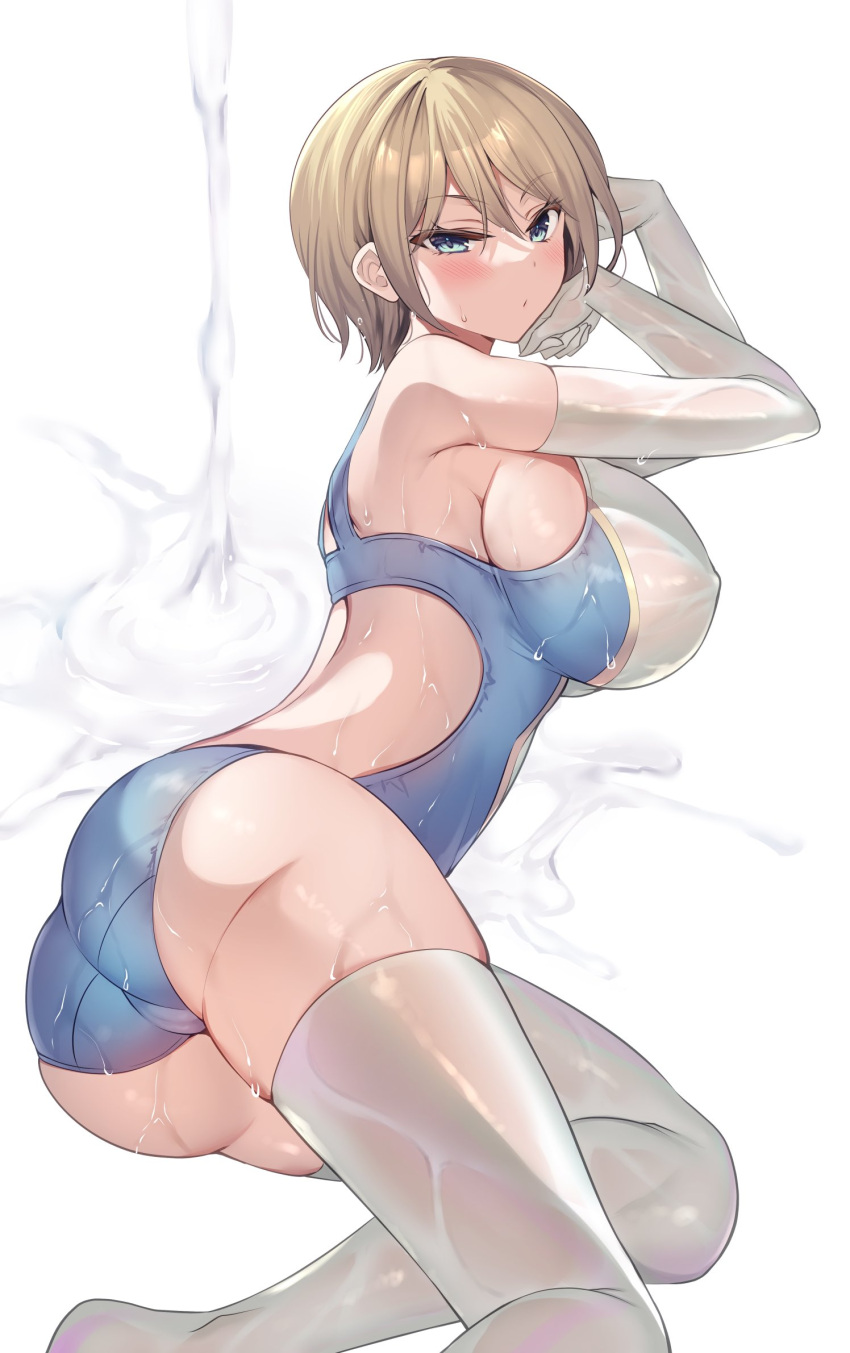 1girl ass back bangs blue_eyes blue_swimsuit blush breasts brown_hair closed_mouth commentary_request covered_nipples elbow_gloves gloves highres large_breasts long_hair lying on_side one-piece_swimsuit original sanshoku_amido short_hair shoulder_blades sideboob simple_background solo swimsuit thighhighs thighs wet white_background white_gloves