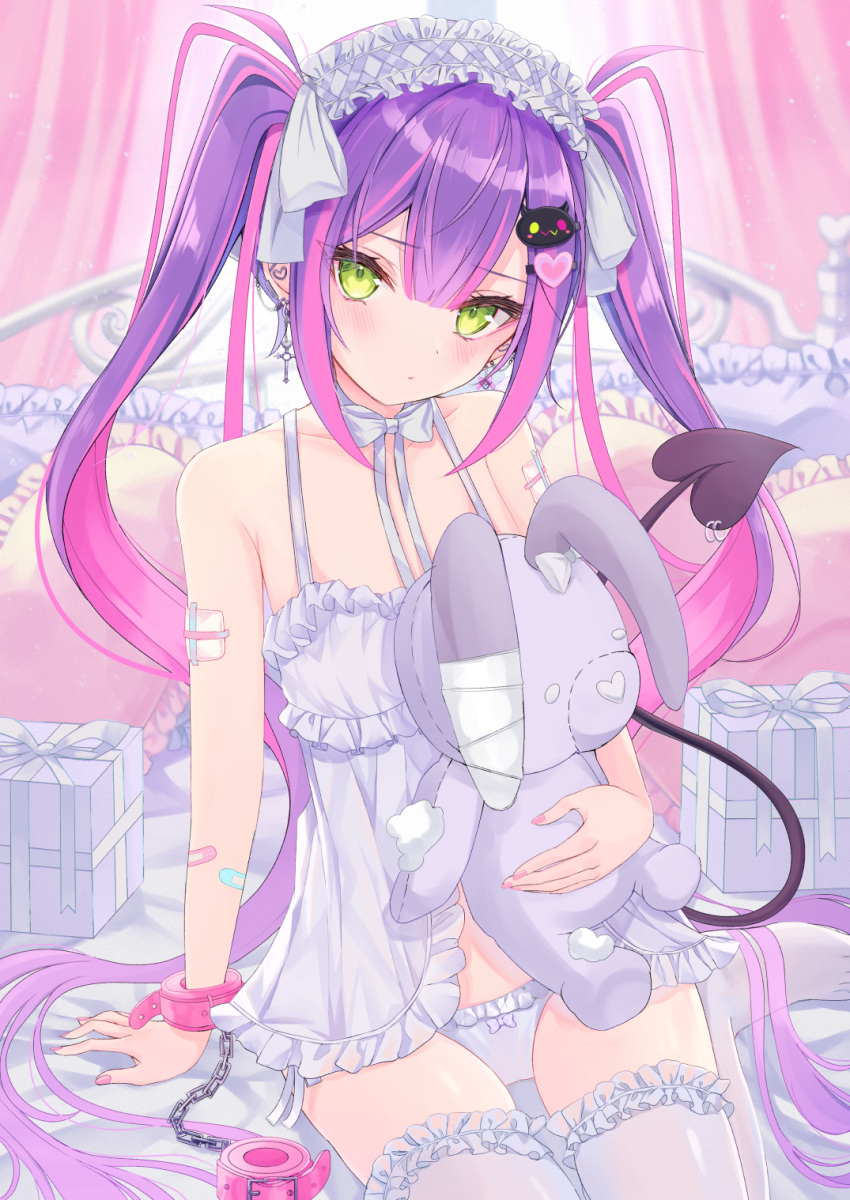 1girl arm_support babydoll bandages bangs bdsm bed blunt_bangs blush bow bow_panties collarbone curtains demon_tail ear_piercing earrings eyebrows_hidden_by_hair flat_chest frilled_hairband frilled_panties frills gift green_eyes hair_between_eyes hair_ornament hairband hairclip highres hololive jewelry lavender_bow lingerie looking_at_viewer multicolored_hair nail_polish on_bed panties piercing pillow sakura_yunuto sitting sitting_on_bed sleeveless solo streaked_hair stuffed_animal stuffed_toy tail thighhighs tokoyami_towa twintails two-tone_hair underwear virtual_youtuber white_babydoll white_bow white_panties white_thighhighs yokozuwari