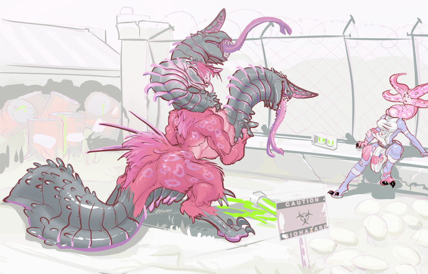 ambiguous_gender barrel big_breasts biohazard_symbol breasts clothing duo female growth head_growth hi_res human_to_anthro human_to_feral hydra monster mutagen species_transformation straining_clothing symbol tail_growth tentacles tongue tongue_out torn_clothing transformation transformation_through_technology uglyshadow