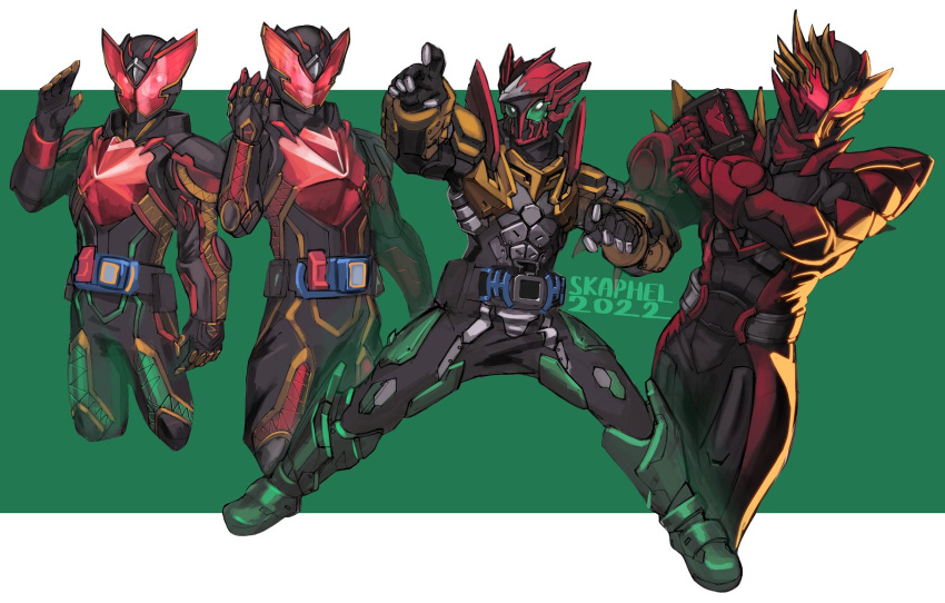 2022 2boys adapted_costume alternate_costume alternate_universe ankh_(ooo) armored_boots artist_name bird boots bug cosplay cropped_legs demons_driver english_commentary fusion giffard_rex giffard_rex_vistamp grasshopper green_eyes hawk highres kamen_rider kamen_rider_ooo_(series) kamen_rider_revi kamen_rider_revi_(cosplay) kamen_rider_revice kamen_rider_ultimate_revi kamen_rider_ultimate_vice kamen_rider_vice kamen_rider_vice_(cosplay) multiple_boys pose red_armor red_eyes red_headwear rolling_vistamp skaphel tajador_(ooo_combo) tatoba_(ooo_combo) tiger yellow_armor