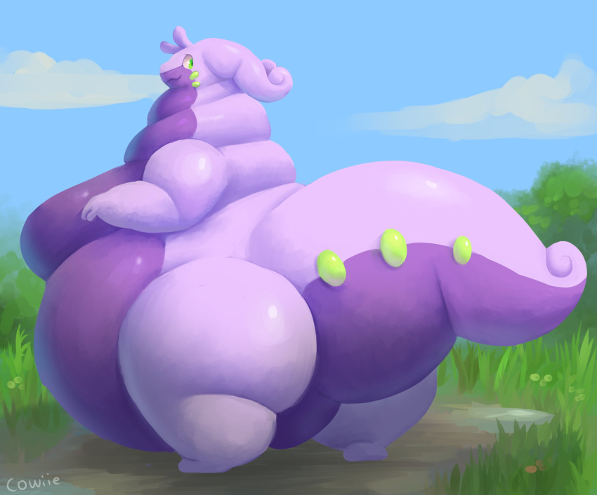 belly big_belly big_body_small_head big_breasts breasts chubby_female cowiie draconid dragon female feral goodra grass_field hi_res looking_back neck_bulge nintendo overweight overweight_female pok&eacute;mon pok&eacute;mon_(species) slightly_chubby solo video_games