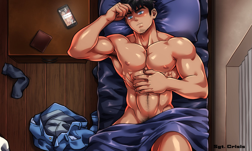 1boy abs artist_name bara bed bed_sheet black_hair blue_eyes closed_mouth facial_hair hand_on_own_chest highres large_pectorals lying male_focus muscular muscular_male naked_sheet navel nipples nude on_back on_bed original pectorals phone pillow sgt_crisis short_hair solo stubble under_covers