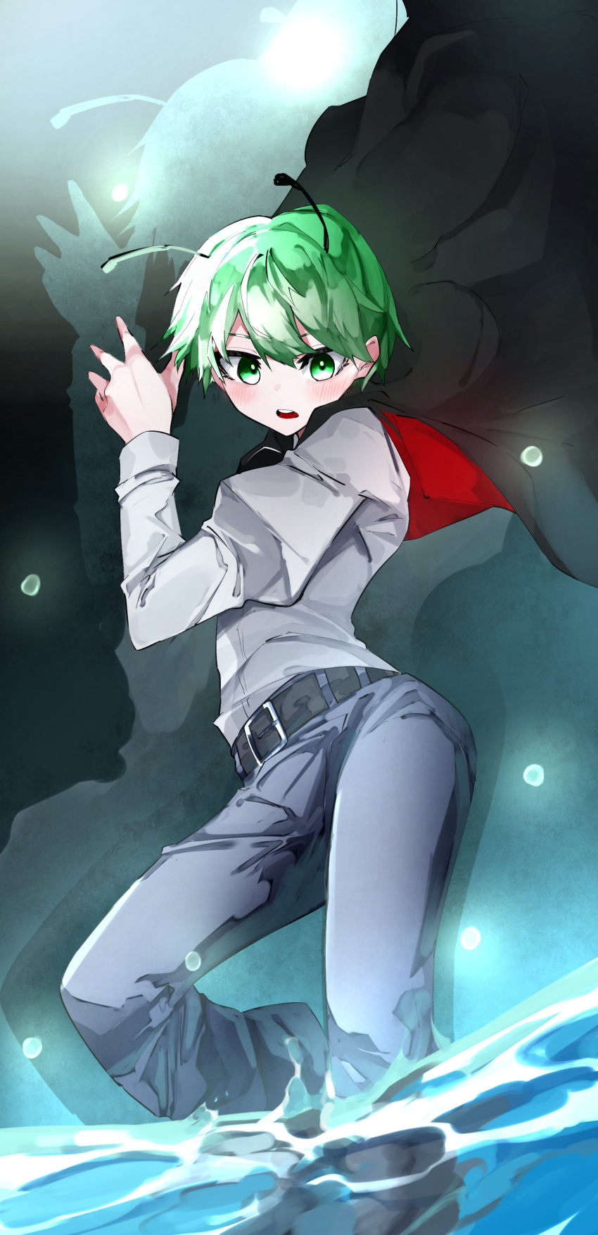 1girl absurdres bangs belt black_cape bug cape collared_shirt denim firefly green_eyes green_hair highres jeans long_sleeves pants red_cape shirt short_hair solo swept_bangs tomboy touhou two-sided_cape two-sided_fabric vivo_(vivo_sun_0222) white_shirt wriggle_nightbug