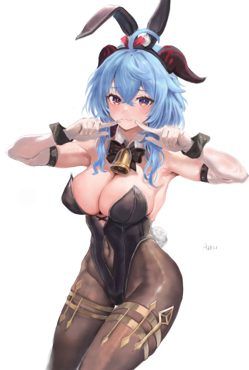 1girl ahoge aimu_(angry9565) alternate_costume animal_ears armpits arms_up artist_name bangs bare_shoulders bell black_bow black_bowtie black_leotard blue_hair blush bow bowtie breasts brown_pantyhose cleavage collar covered_navel crossed_bangs detached_collar elbow_gloves fake_animal_ears fake_tail fingers_to_cheeks ganyu_(genshin_impact) genshin_impact gloves goat_horns hair_between_eyes highleg highleg_leotard highres horns large_breasts leotard lips long_hair neck_bell pantyhose playboy_bunny rabbit_ears rabbit_tail simple_background smile solo strapless strapless_leotard tail white_background white_collar wrist_cuffs