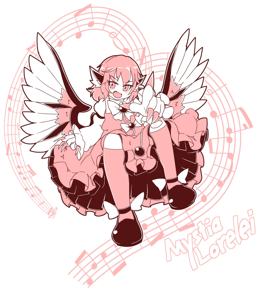 1girl animal_ears beamed_eighth_notes bird_ears bird_wings blush character_name cue_(lindwrum) dotted_half_note dress earrings fang fingernails frilled_dress frilled_sleeves frills full_body half_note highres jewelry kneehighs long_fingernails long_sleeves musical_note mystia_lorelei nail_polish no_hat no_headwear open_mouth pink_eyes pink_hair quarter_note sharp_fingernails shoes short_hair single_earring smile socks solo touhou wings