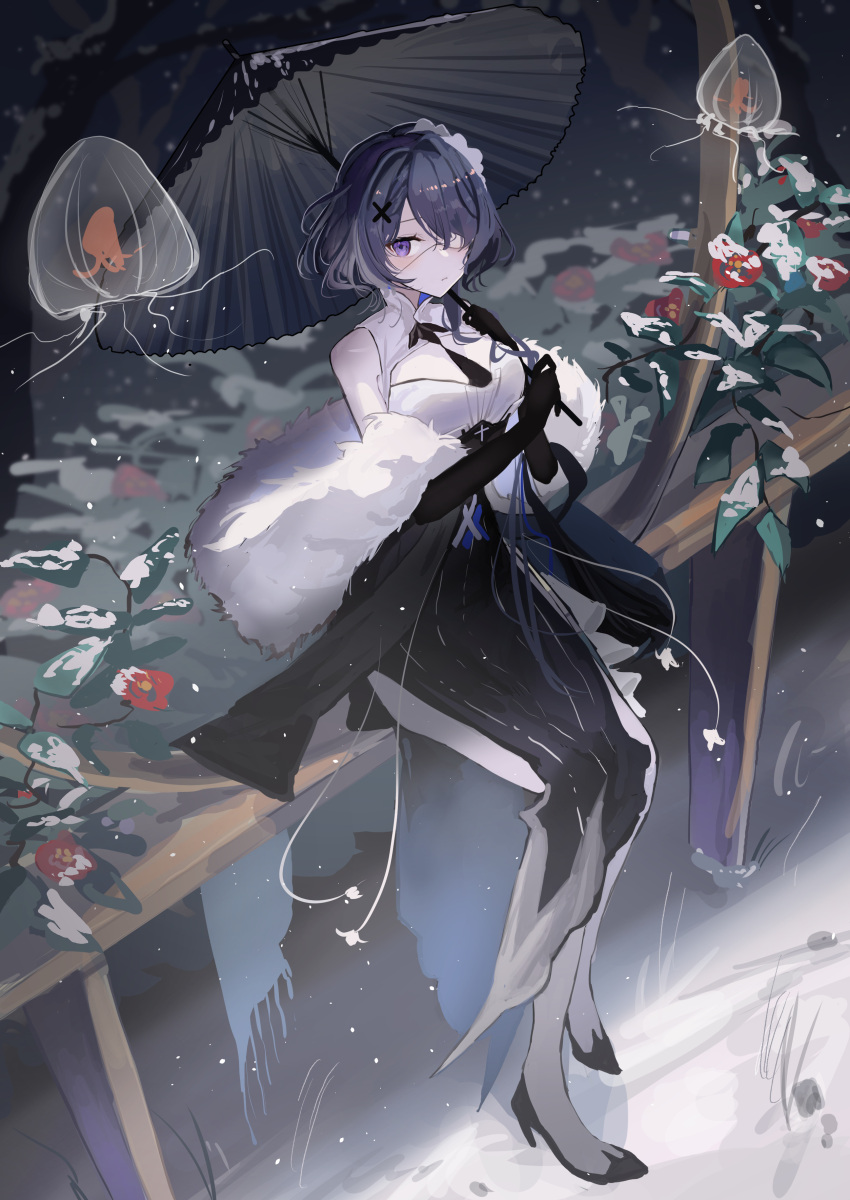 1girl :&lt; absurdres arknights asymmetrical_hair black_dress black_footwear black_gloves blush closed_mouth commentary dress elbow_gloves eyebrows_hidden_by_hair eyepatch feather_boa flower full_body gloves grass hair_ornament hairband high_heels highres holding holding_umbrella jellyfish leaf long_hair looking_at_viewer natsuba002 official_alternate_costume one_eye_covered parasol purple_eyes purple_hair red_flower sitting snow snowing solo two-tone_dress umbrella whisperain_(arknights) whisperain_(tremble_cold)_(arknights) white_dress white_hairband x_hair_ornament