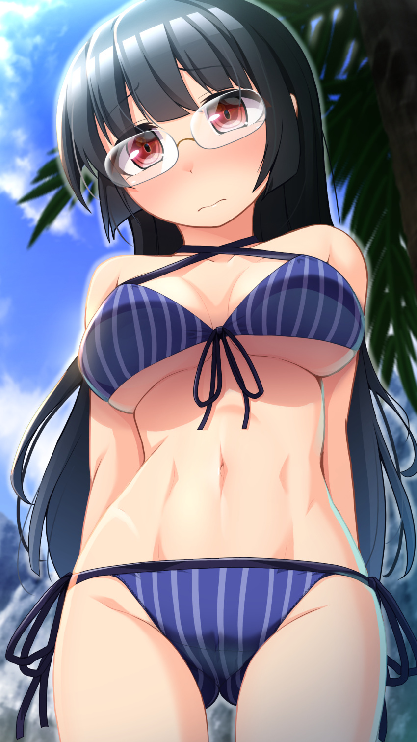 1girl absurdres alternate_costume bikini black_hair blue_bikini blue_sky breasts choukai_(kancolle) criss-cross_halter day from_below front-tie_bikini front-tie_top glasses halterneck highres kantai_collection large_breasts long_hair narashika_asuka navel outdoors palm_leaf red_eyes side-tie_bikini sky solo striped striped_bikini swimsuit vertical-striped_bikini vertical_stripes