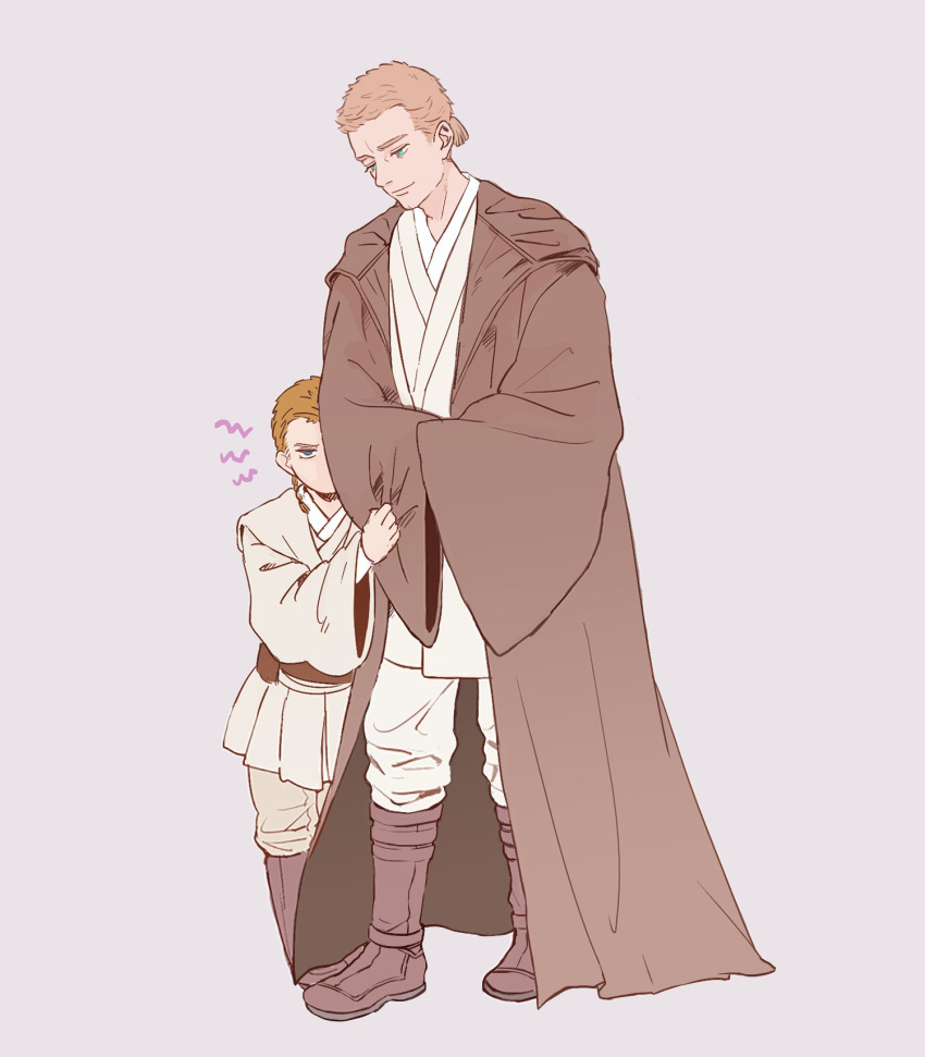 2boys age_difference anakin_skywalker blue_eyes boots brown_footwear closed_mouth highres jedi looking_at_another looking_at_viewer masososo multiple_boys no_mouth obi-wan_kenobi simple_background size_difference star_wars star_wars:_the_phantom_menace