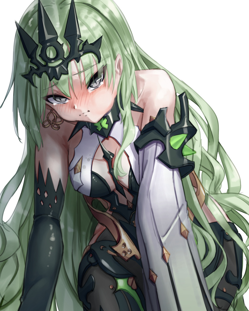 1girl :i absurdres arm_support asymmetrical_sleeves bangs bare_shoulders between_breasts black_pantyhose blush bodysuit breasts cheek_bulge closed_mouth cowboy_shot cream_bread detached_sleeves earrings elbow_gloves full_mouth gloves green_hair grey_eyes highres honkai_(series) honkai_impact_3rd jewelry layered_clothes leaning_forward long_hair looking_at_viewer mobius_(honkai_impact) nose_blush pantyhose sidelocks single_earring slit_pupils solo tearing_up tiara very_long_hair wavy_hair white_background
