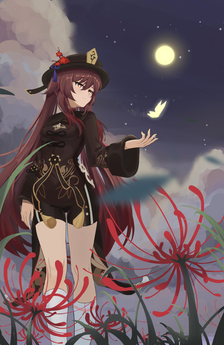 1girl absurdres bangs brown_hair bug butterfly chinese_clothes cloud cloudy_sky commentary_request czk flower full_moon genshin_impact hair_between_eyes hat hat_flower hat_ornament highres hu_tao_(genshin_impact) jewelry kneehighs long_hair long_sleeves looking_afar looking_away moon night night_sky orange_eyes ring short_shorts shorts sidelocks sky socks solo star_(sky) starry_sky symbol-shaped_pupils twintails walking