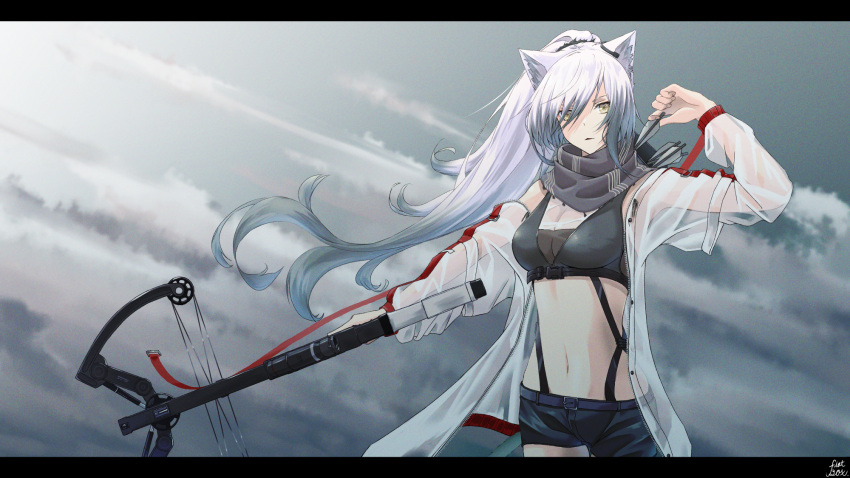 1girl animal_ears arknights arrow_(projectile) bangs bare_shoulders black_scarf black_shorts breasts cat_ears cloud cloudy_sky commentary cowboy_shot crop_top crossbow flatbox highres holding holding_crossbow holding_weapon jacket long_hair long_sleeves looking_at_viewer medium_breasts midriff navel open_clothes open_jacket outdoors ponytail scarf schwarz_(arknights) short_shorts shorts sky solo standing stomach very_long_hair weapon white_hair white_jacket yellow_eyes