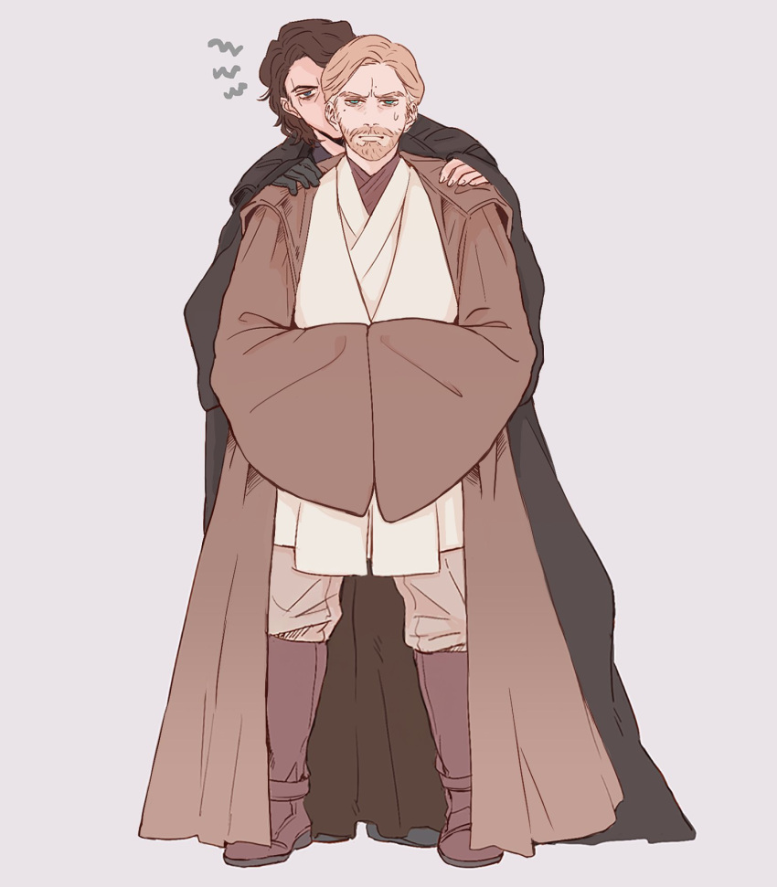 2boys anakin_skywalker beard blonde_hair blue_eyes boots brown_footwear facial_hair gloves highres looking_at_viewer masososo mole mole_under_eye multiple_boys obi-wan_kenobi scar scar_across_eye simple_background single_glove star_wars star_wars:_revenge_of_the_sith