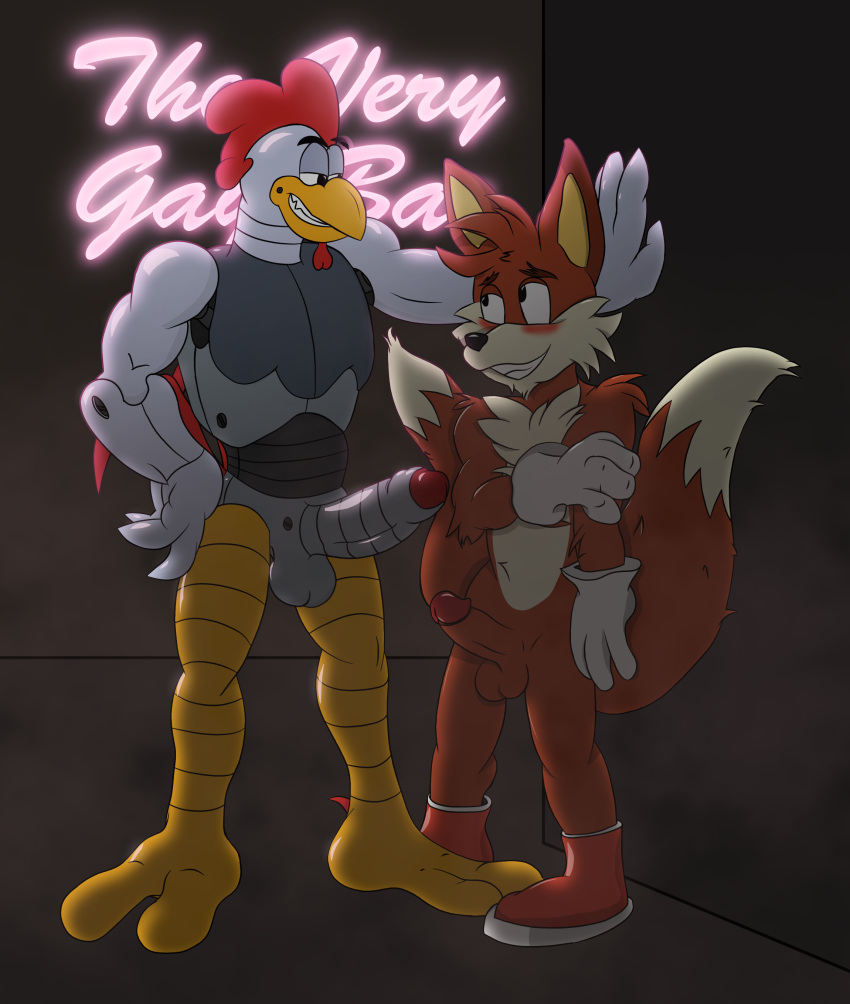 absurd_res adventures_of_sonic_the_hedgehog against_surface against_wall aged_up anonymous_artist anthro avian balls beak bird canid canine chicken cobaltcerberus digital_media_(artwork) duo erection foreskin fox fur galliform gallus_(genus) genitals grin hi_res humanoid_genitalia humanoid_penis kabedon machine male male/male mammal miles_prower neon_lights nude penis phasianid robot scratch_(adventures_of_sonic_the_hedgehog) sega size_difference smile sonic_the_hedgehog_(series) teasing