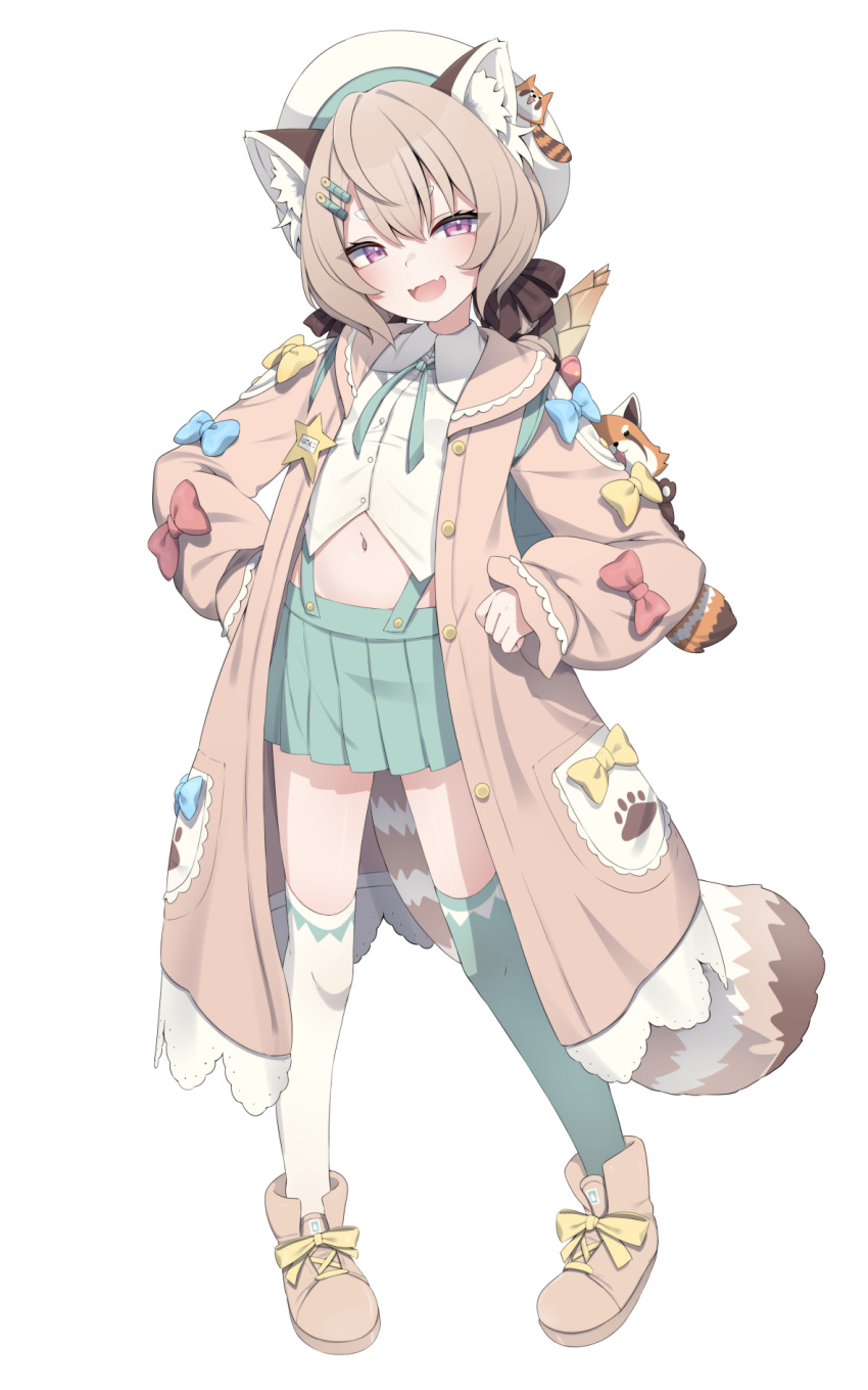 1girl animal_ear_fluff animal_ears blue_bow boots bow brown_coat brown_footwear brown_hair brown_ribbon coat collared_shirt fang footwear_bow full_body green_skirt green_thighhighs hair_ornament hair_ribbon hairclip highres komachi_panko navel open_clothes open_coat phase_connect pink_bow pleated_skirt purple_eyes red_panda red_panda_ears red_panda_girl red_panda_tail ribbon shirt short_hair skin_fang skirt solo star_(symbol) suspender_skirt suspenders tail thighhighs valefal_coneri virtual_youtuber white_headwear white_thighhighs yellow_bow