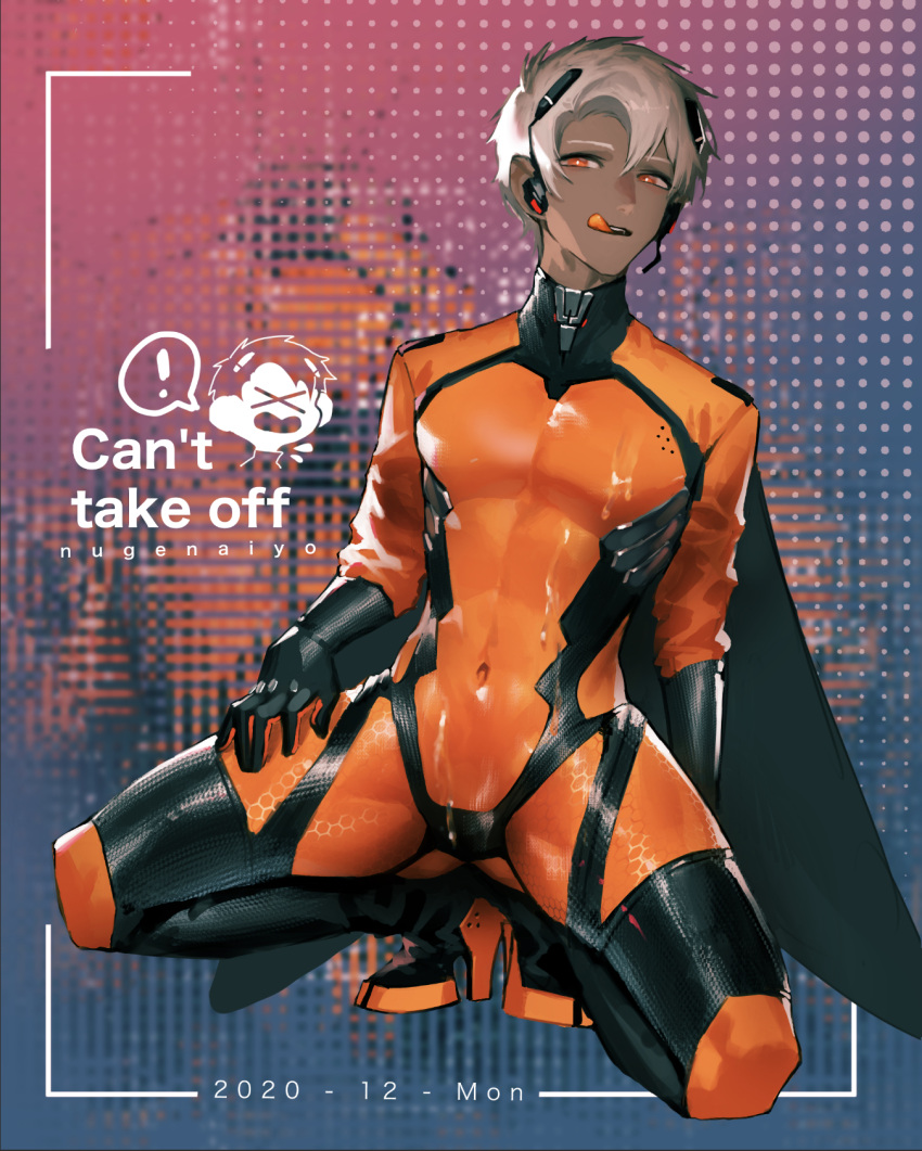 1boy ass_visible_through_thighs black_gloves bodysuit boots commentary covered_navel covered_nipples cum cum_on_body cum_on_clothes dark-skinned_male dark_skin dated earpiece english_text from_below full_body gloves headset high_heel_boots high_heels highres ishida_(segu_ishida) large_pectorals licking_lips light_smile looking_at_viewer male_focus mechanical_wings open_mouth orange_bodysuit orange_eyes original pectorals queen_bee_(segu_ishida) science_fiction shiny_clothes short_hair skin_tight sky solo spread_legs squatting thigh_boots toned toned_male tongue tongue_out white_hair wings