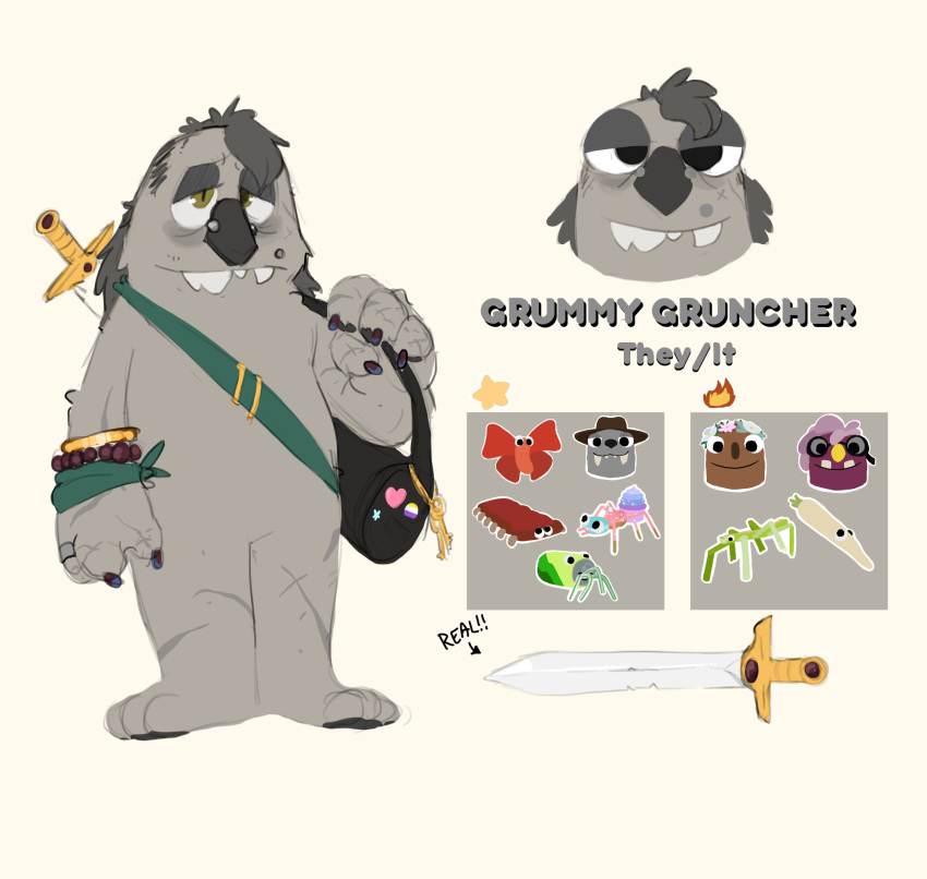 2022 anthro arrow_sign bag black_eyes black_nose bracelet brown_claws bugsnax claws digital_media_(artwork) english_text facial_piercing fan_character fur grey_body grey_eyes grey_fur grey_hair grummy_gruncher_(shaibey) grumpus hair half-closed_eyes hand_on_object hi_res jewelry leg_scar lgbt_pride looking_at_viewer melee_weapon model_sheet narrowed_eyes nonbinary_(lore) nonbinary_pride_colors nose_piercing piercing pins pride_colors scar shaibey simple_background smile solo standing sword sword_on_back teeth text weapon white_background young_horses