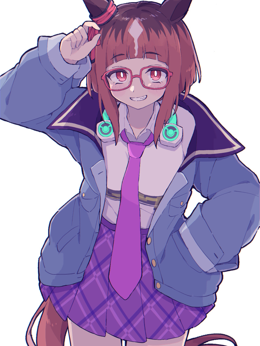 1girl animal_ears arm_up blue_jacket blush bow bowtie bright_pupils brown_hair collared_shirt commentary ear_ornament glasses grin hand_in_pocket headphones headphones_around_neck highres horse_ears horse_girl horse_tail jacket long_sleeves looking_at_viewer necktie open_clothes open_jacket pink_necktie purple_skirt red_eyes rjsn shirt shirt_tucked_in short_hair simple_background skirt smile solo standing tail transcend_(umamusume) umamusume white_background white_pupils white_shirt