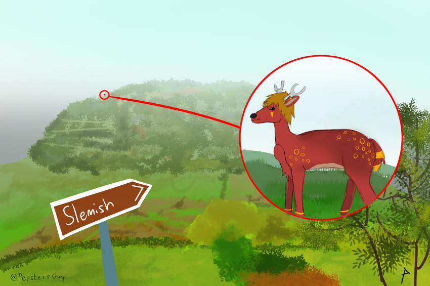 2024 antlers bell_pepper_(pepsters) cloud countryside deer detailed_background digital_media_(artwork) feral fur grass hair hi_res hill holidays horn humor ireland irish joke male mammal meme outside overcast pepsters plant realistic_feral red_circle sky solo st._patrick's_day tail tree