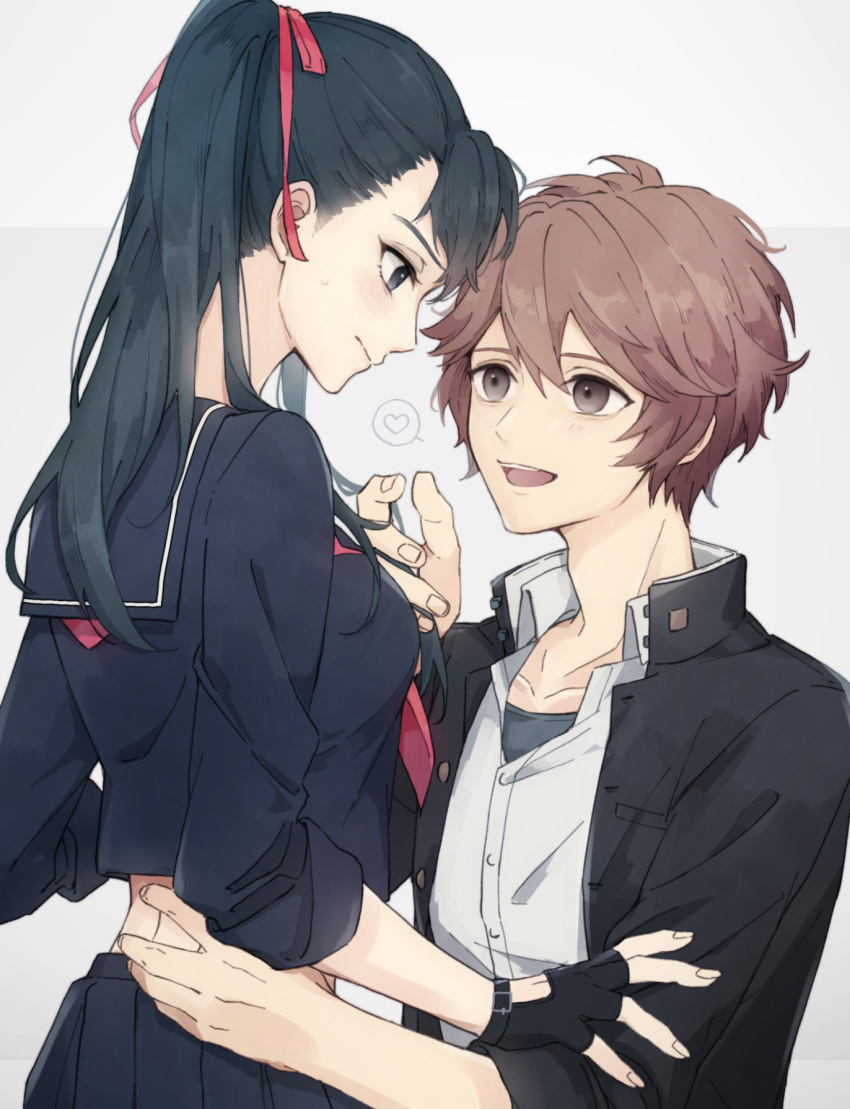 1boy 1girl amiguchi_shuu black_eyes black_hair blush brown_hair commentary_request facing_another fingerless_gloves from_side gloves grey_background hair_between_eyes hair_ribbon hand_on_another's_waist heart highres holding holding_hair jacket juusan_kihei_bouei_ken long_hair looking_at_another miruvx_(pixiv45253251) open_clothes open_jacket open_mouth ponytail red_ribbon ribbon school_uniform shirt short_hair spoken_heart sweatdrop takamiya_yuki upper_body white_shirt