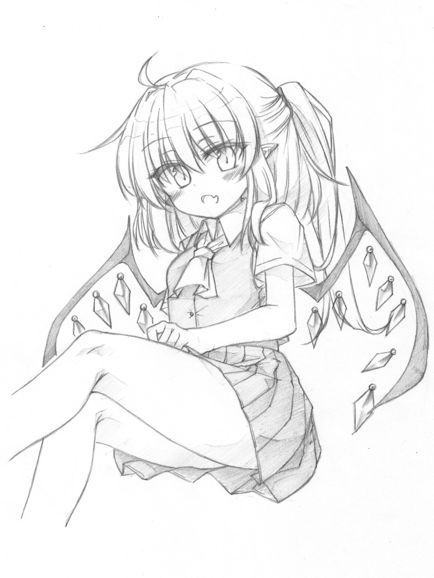 1girl ascot bare_legs breasts buttons fang feet_out_of_frame flandre_scarlet graphite_(medium) greyscale head_tilt highres looking_at_viewer marukyuu_ameya monochrome no_headwear open_mouth pleated_skirt pointy_ears shirt short_sleeves sketch skin_fang skirt small_breasts solo touhou traditional_media vest wings
