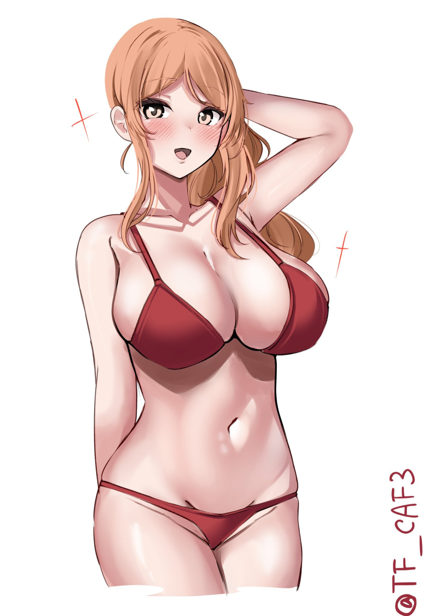 1girl blonde_hair blush bra breasts brown_eyes brown_hair cowboy_shot hair_between_eyes highres kantai_collection large_breasts littorio_(kancolle) long_hair looking_at_viewer navel one-hour_drawing_challenge open_mouth panties polka_dot ponytail red_bra red_panties smile solo sparkle tf_cafe twitter_username underwear wavy_hair white_background