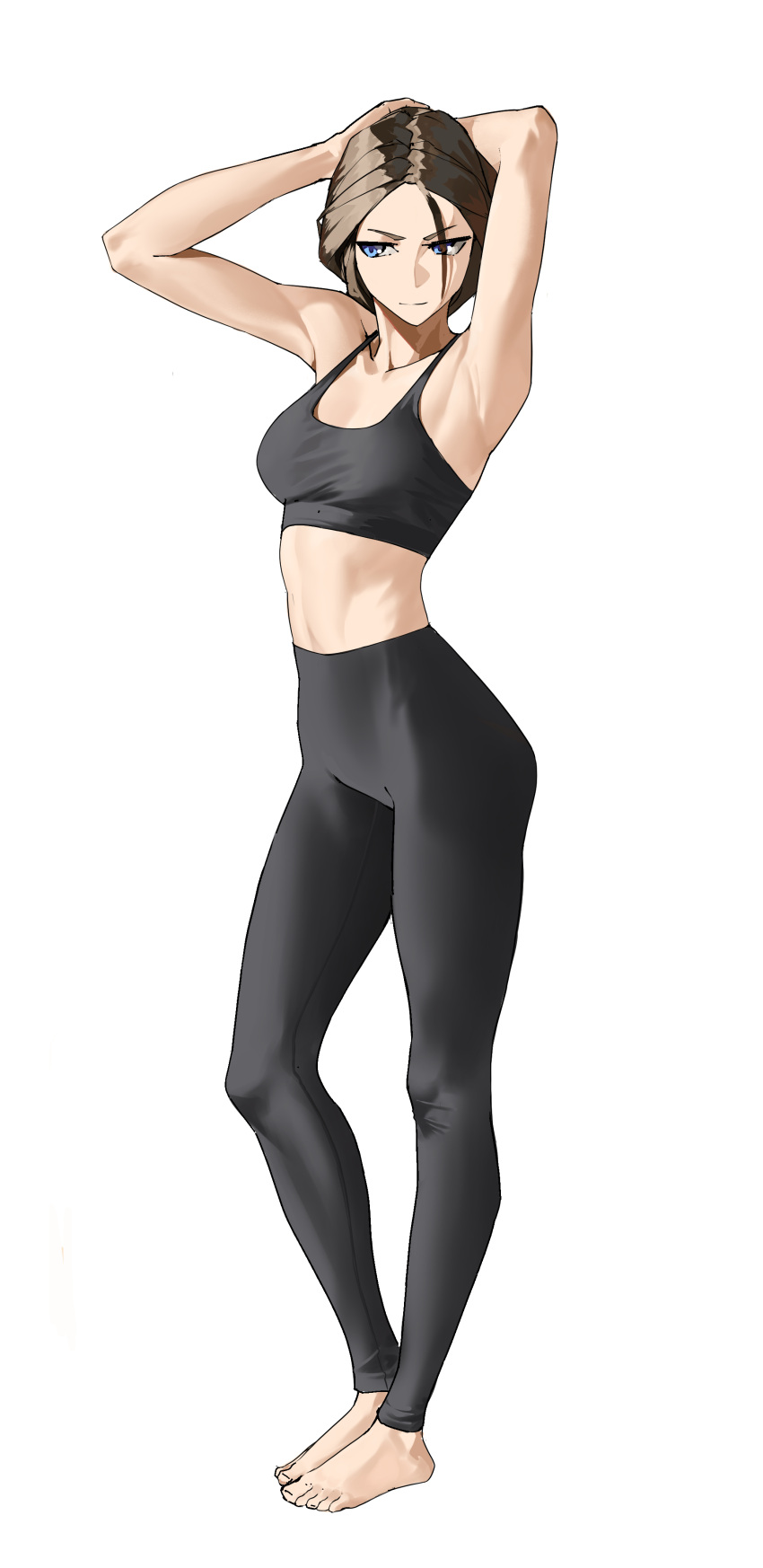 1girl absurdres armpits arms_behind_head barefoot black_pants black_tank_top blue_eyes breasts brown_eyes closed_mouth commentary full_body highres large_breasts medium_hair original pants simple_background solo standing tank_top tbocart toes white_background yoga_pants