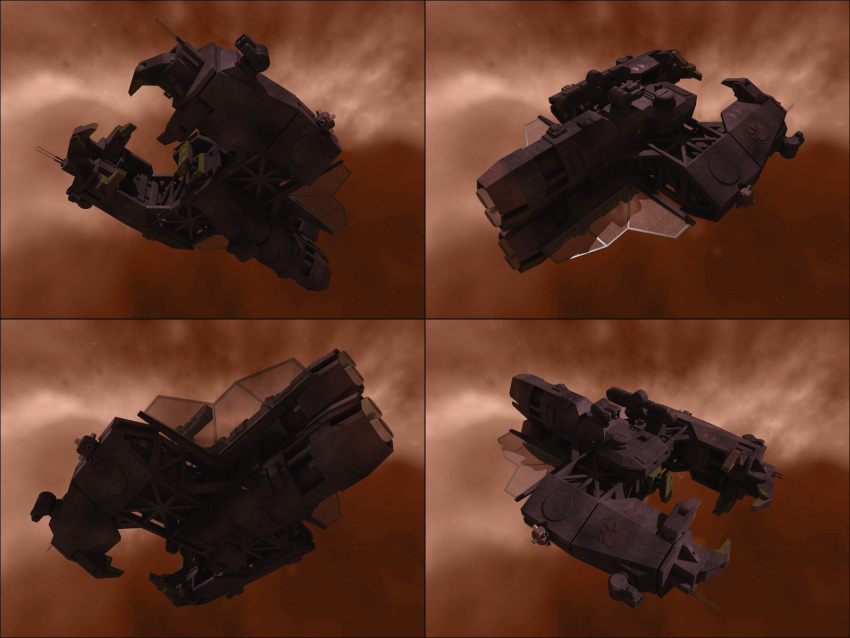 3d brown_background brown_theme cloud commentary concept_art emblem eve_online from_side highres machinery minmatar_republic_(eve_online) multiple_views nebula no_humans original realistic science_fiction spacecraft spinner-vision starry_background thrusters turret vehicle_focus