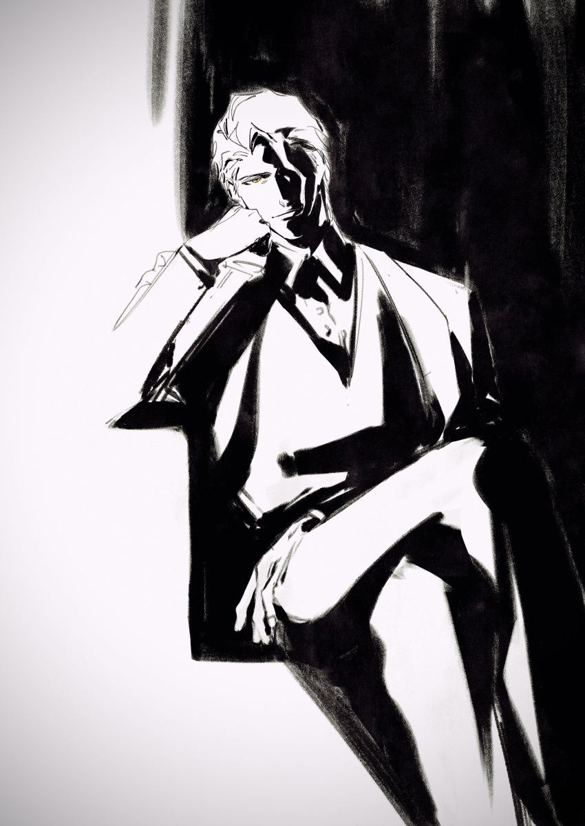 1boy absurdres aizen_sousuke alternate_costume bleach collared_shirt crossed_legs hand_on_own_cheek hand_on_own_face highres jacket kuzawa_e light_smile long_sleeves looking_at_viewer loose_hair_strand male_focus monochrome partially_shaded_face shirt sitting solo_focus spot_color suit yellow_eyes