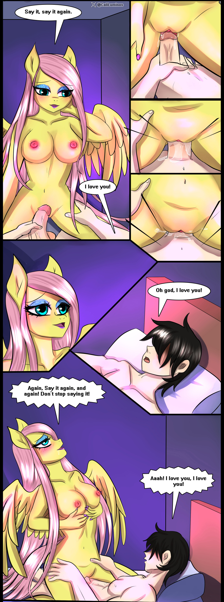 absurd_res anthro breasts caliluminos comic cowgirl_position duo equid equine female fluttershy_(mlp) friendship_is_magic from_front_position genitals hasbro hi_res horse human interspecies love male male/female mammal my_little_pony mythological_creature mythological_equine mythology on_bottom on_top pegasus penetration penis pony romantic romantic_couple sex wings ych