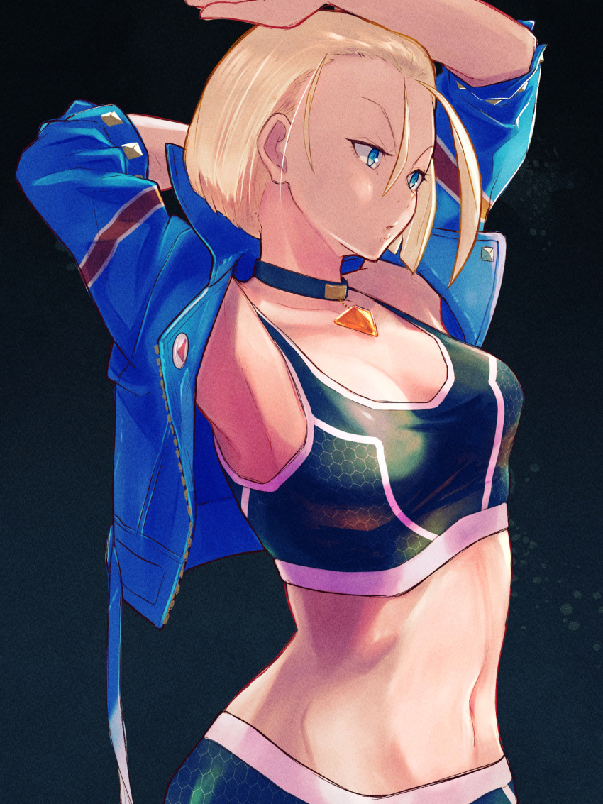 1girl ahoge arm_behind_head arms_up black_background black_sports_bra blonde_hair blue_choker blue_eyes blue_jacket breasts cammy_white choker commentary_request crop_top cropped_jacket highres huge_ahoge jacket looking_to_the_side midriff navel open_clothes open_jacket pants scar scar_on_cheek scar_on_face short_hair solo sports_bra street_fighter street_fighter_6 studded_sleeves upper_body yoga_pants yuenibushi